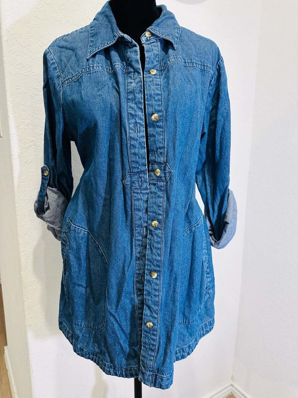 Joan Rivers Denim Button-Down Tunic Shirt with Roll-Tab Sleeves Size S
